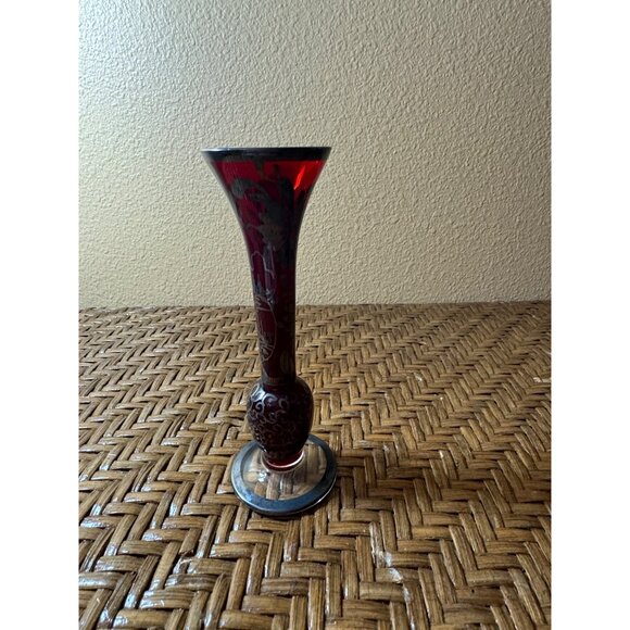 Vintage Bohemian Ruby Red Glass Vase Silver Overlay Floral Design Clear Base - Picture 5 of 9